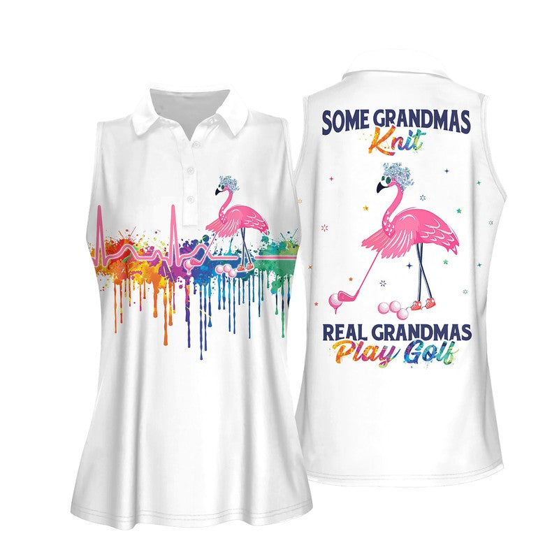 Watercolor Heart Beat Flamingo Some Grandmas Knit Real Grandmas Play Golf Women Sleeveless Polo Shirt