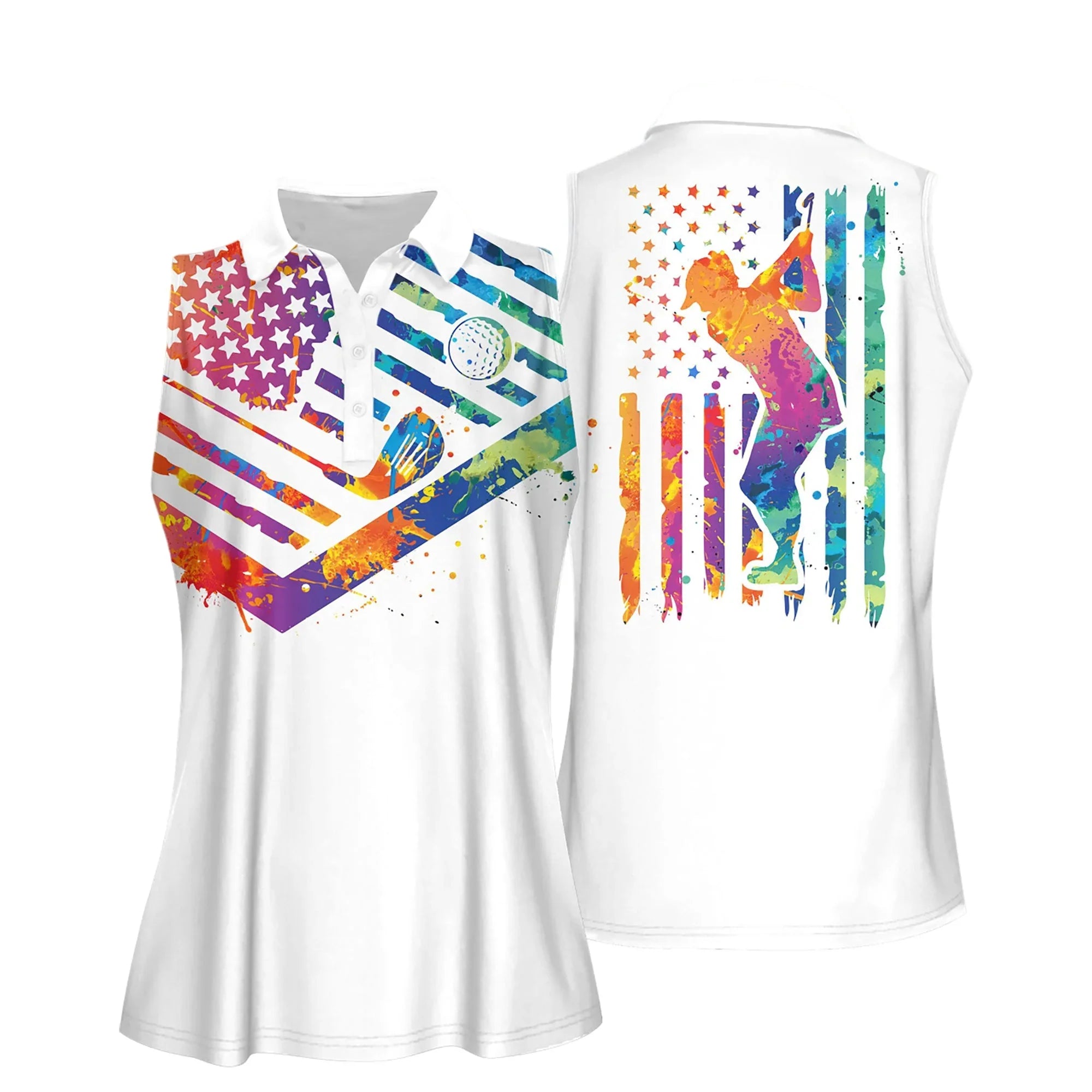Watercolor America Flag With Silhouette Women Short Sleeve Polo Shirt/ Sleeveless Golf Polo Shirt/ Women’s Jersey Polo Shirt