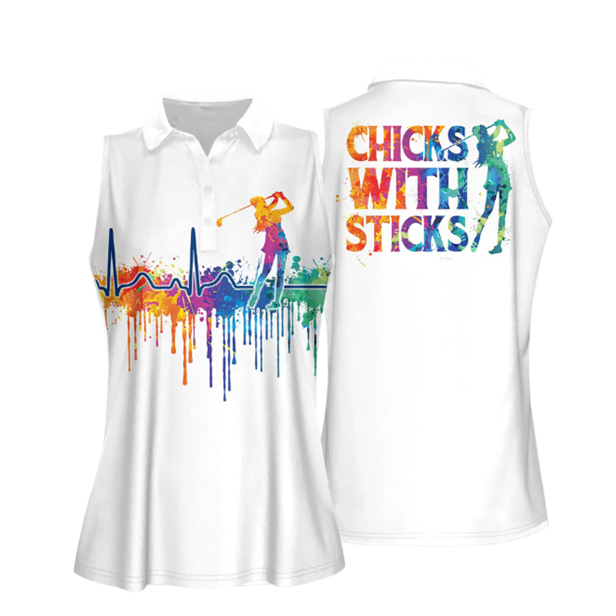 Watercolor Golf Heart Beat Chicks With Sticks Women Sleeveless Polo Shirt/ Golf shirt/ Gift for golf player