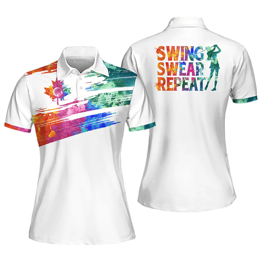 Watercolor Scratched Flag Canada Swing Swear Repeat Golfer Gift Color/ Sleeve Polo Shirt Women Golf