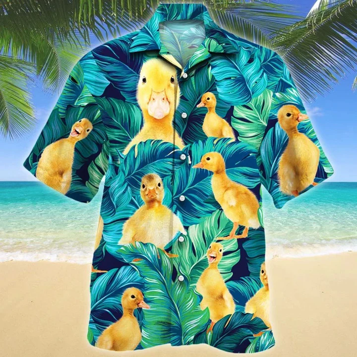 Watercolor Tropical Leaves And Duckling Lovers Design Hawaiian Shirt
