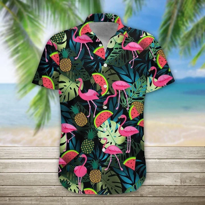 Watermelon And Flamingo Ornamental Design Hawaiian Shirt
