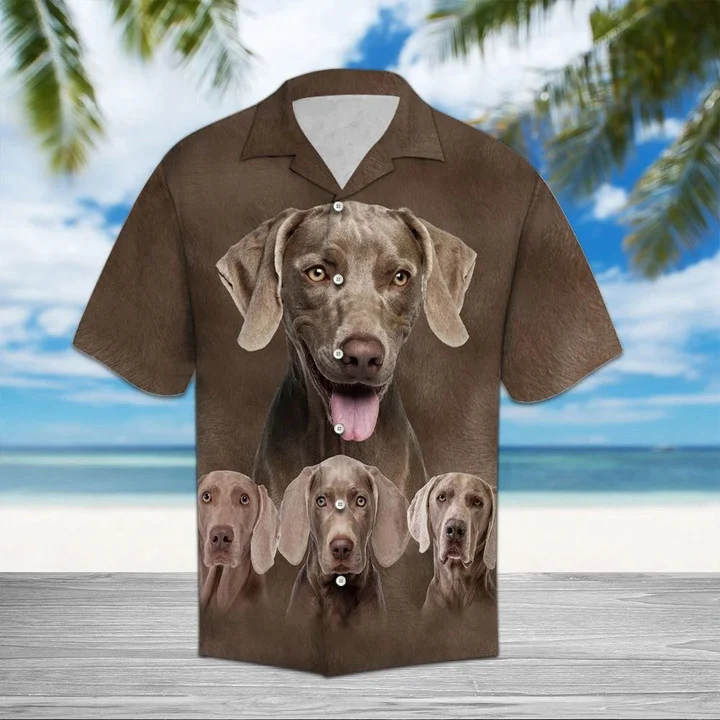 Weimaraner Great Dog Portrait On Brown Themed Pattern Hawaiian Shirt