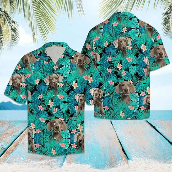 Weimaraner Tropical Flower Pattern Turquoise Theme Hawaiian Shirt