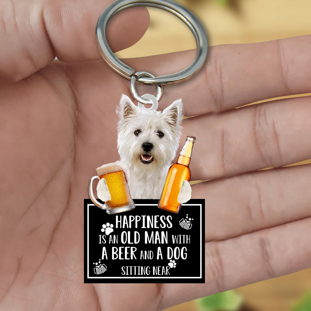 West Highland White Terrier  Happiness Is An Old Man With A Beer And A Dog Sitting Near Acrylic Keychain