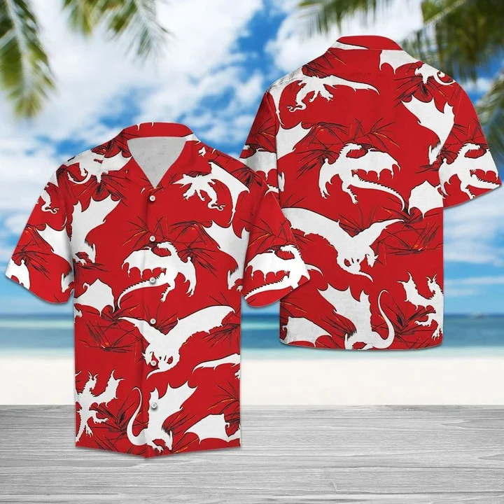 White Dragon Flying Red Hawaiian Shirt for Men/ women
