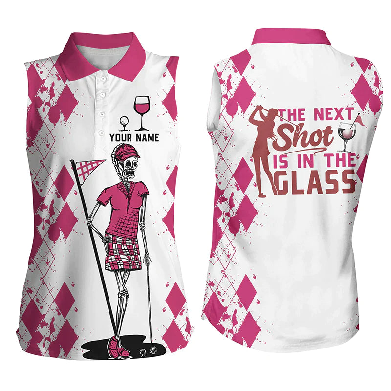 White Pink Womens sleeveless polo shirt/ Golf & wine skull custom name the next shot is in the glass