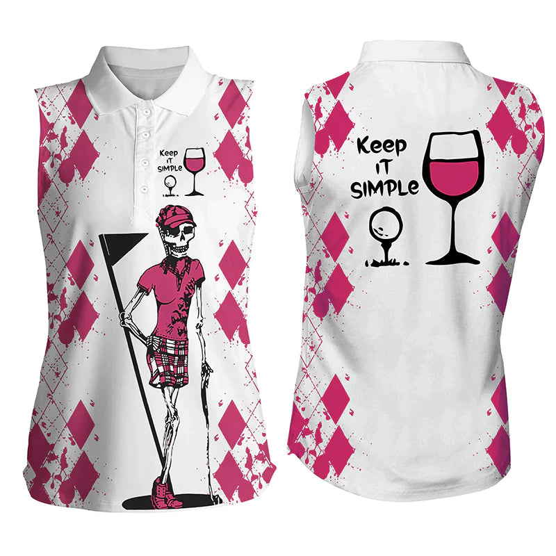 White Pink womens golf shirt/ skull keep it simple Golf & wine Women''s sleeveless golf polo shirt