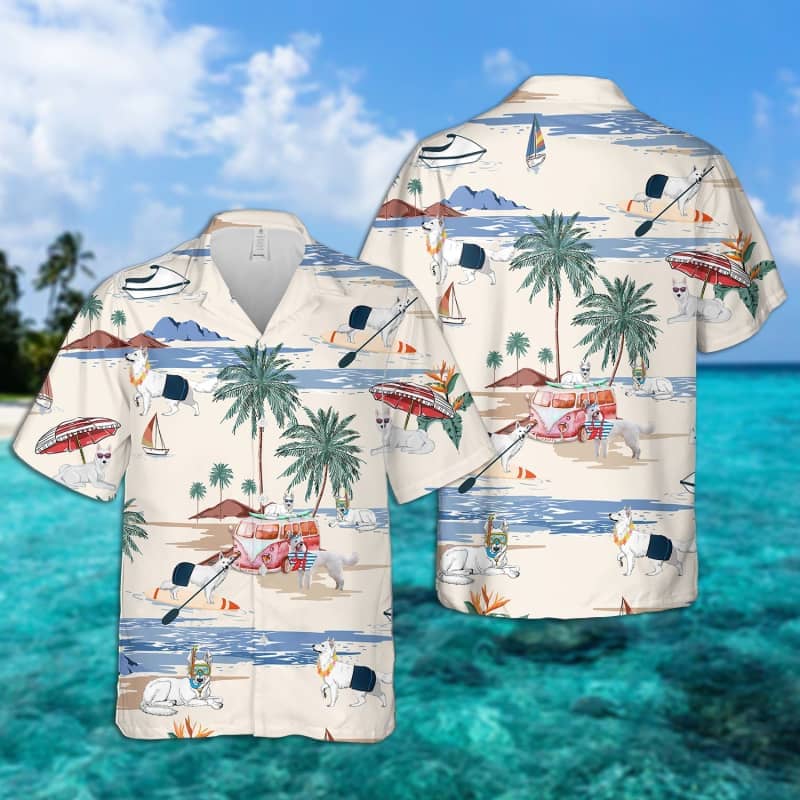 White Shepherd Summer Beach Hawaiian Shirt/ dog beach Short Sleeve Hawaiian Shirt