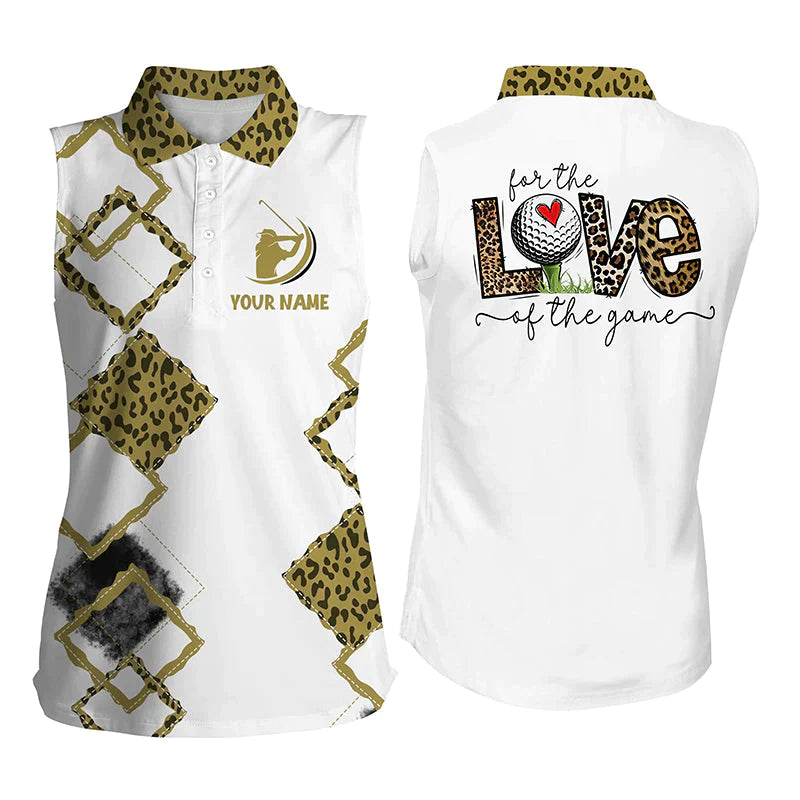 White Womens sleeveless polo shirt/ custom name for the love of the game leopard golf shirts