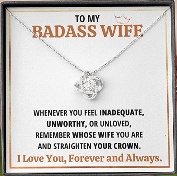 Wife Necklace/ To My Badass Wife Crown Love Knot Pendant Valentines Day Anniversary Jewelry. Gift for Wife. Necklace Gift Set for Wife