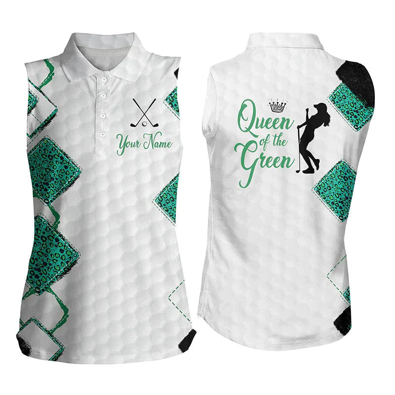 Women''s sleeveless golf polo shirt/ Queen of the green custom funny white and green leopard golf shirt
