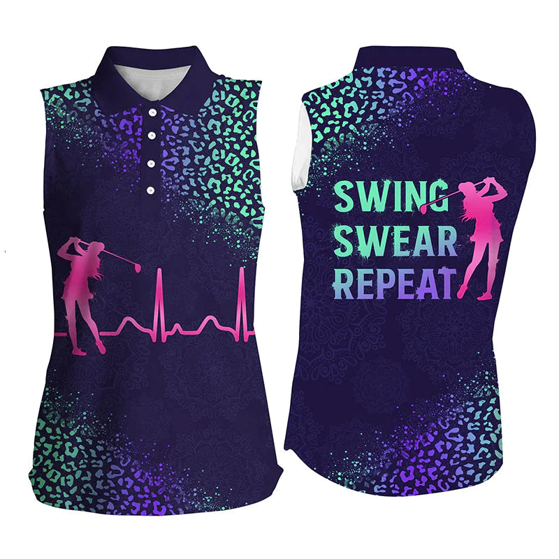 Women''s sleeveless golf polo shirt golf heartbeat Swing swear repeat purple gradient leopard pattern