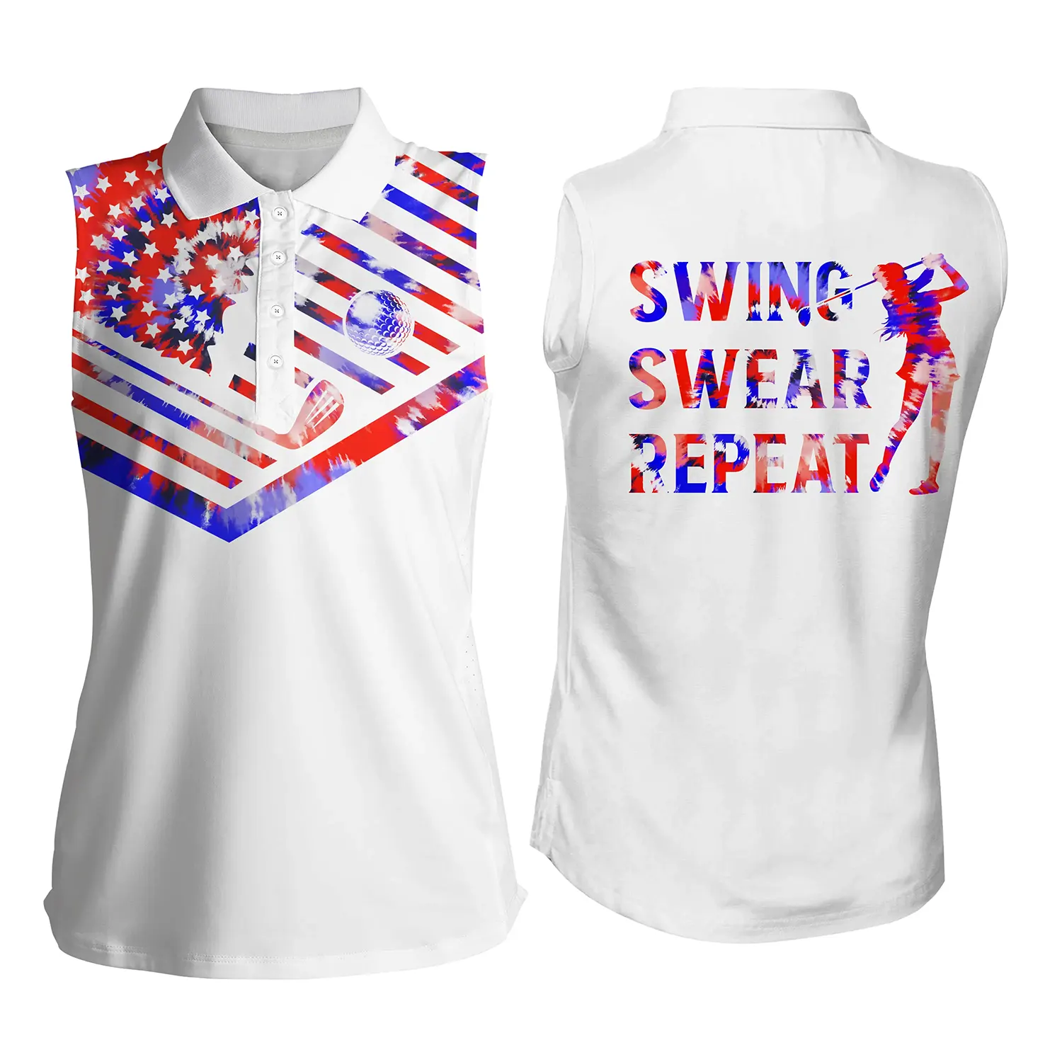 Women''s sleeveless golf polo shirt/ red blue tie dye American flag swing swear repeat patriotic shirt