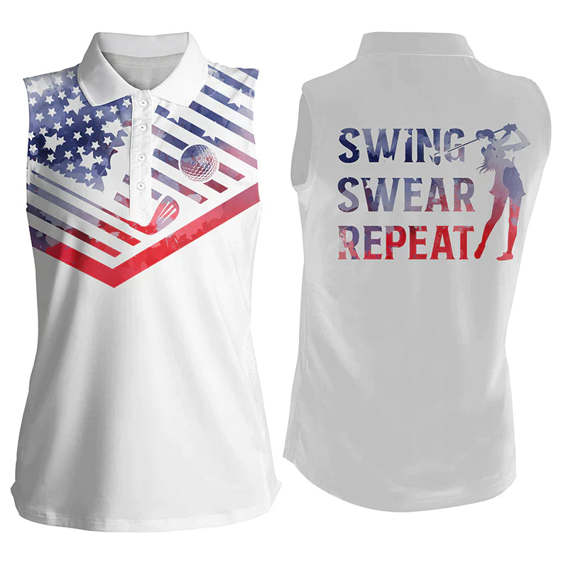 Women''s sleeveless golf polo shirt/ watercolor American flag swing swear repeat white golf shirt