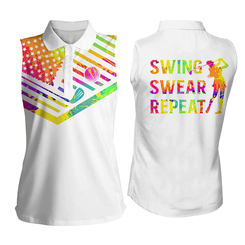 Women''s sleeveless golf polo shirt/ watercolor American flag swing swear repeat white golf shirt 2