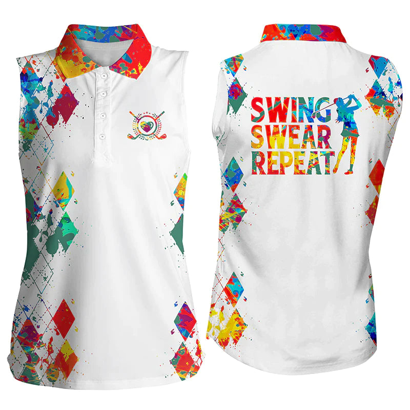 Women''s sleeveless golf polo shirt/ watercolor swing swear repeat white golf shirt/ golfing gifts