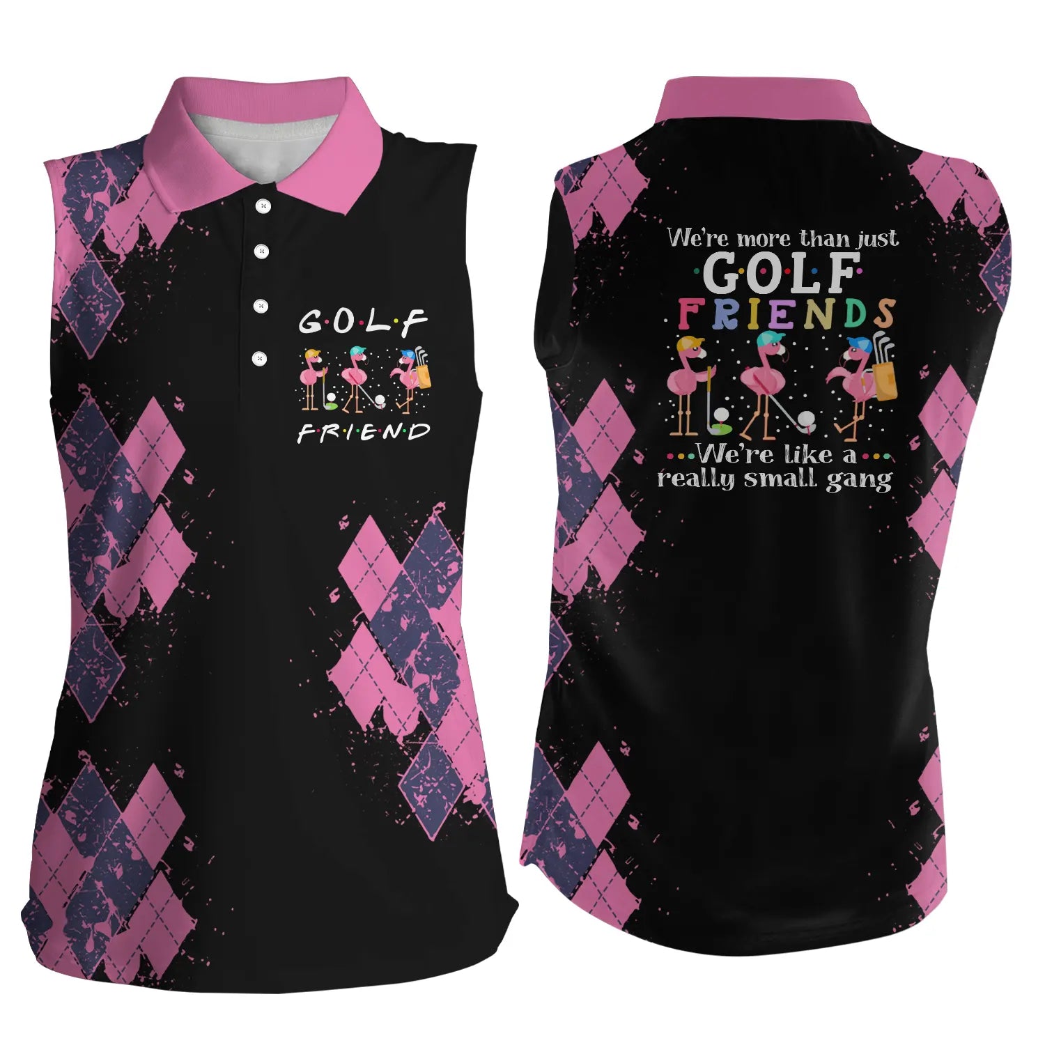 Women''s sleeveless golf polo shirt/ we''re more than just golf friends flamingo funny shirt