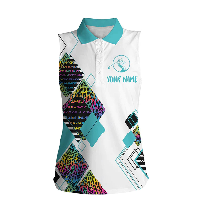 Women''s sleeveless golf polo white shirt/ colorful leopard pattern custom name golf gift for women