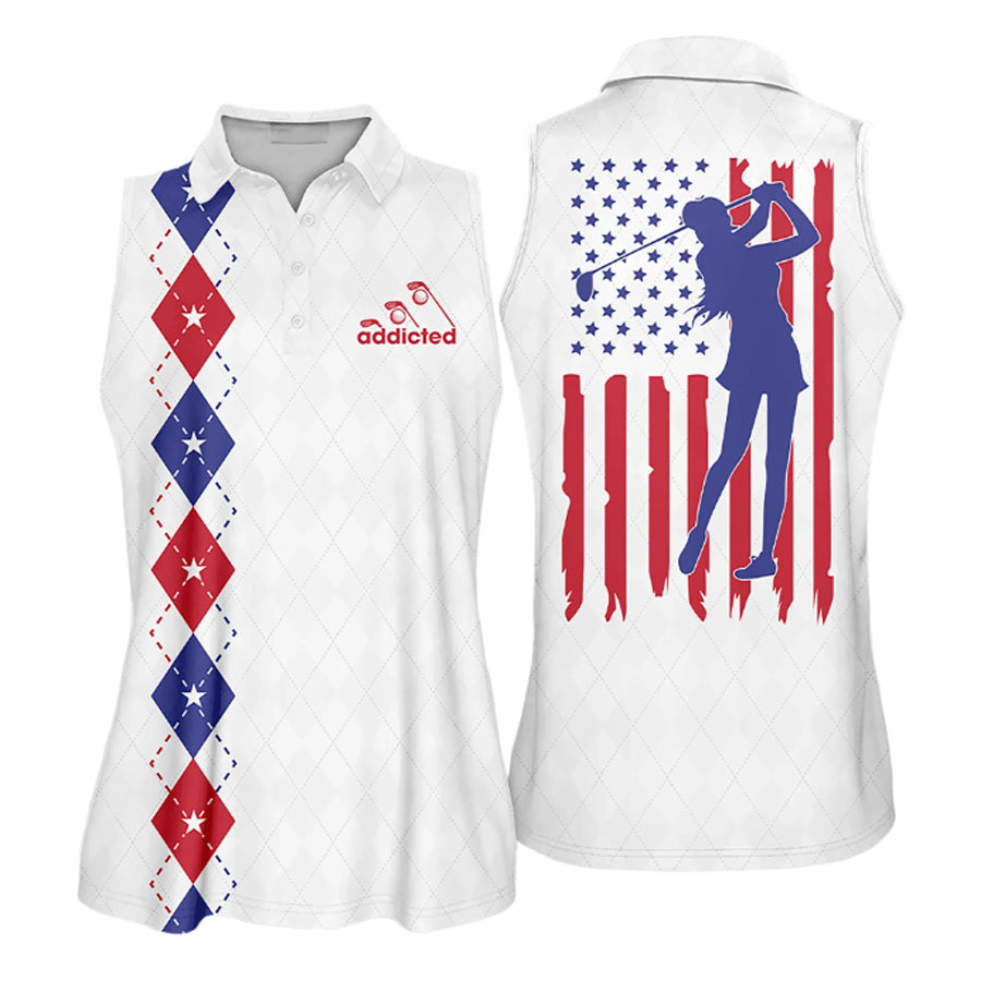 Womens Golf Polo Shirt/ Addicted American Flag Sleeveless Polo Shirt/ Polo Shirt Women Golf Shirt