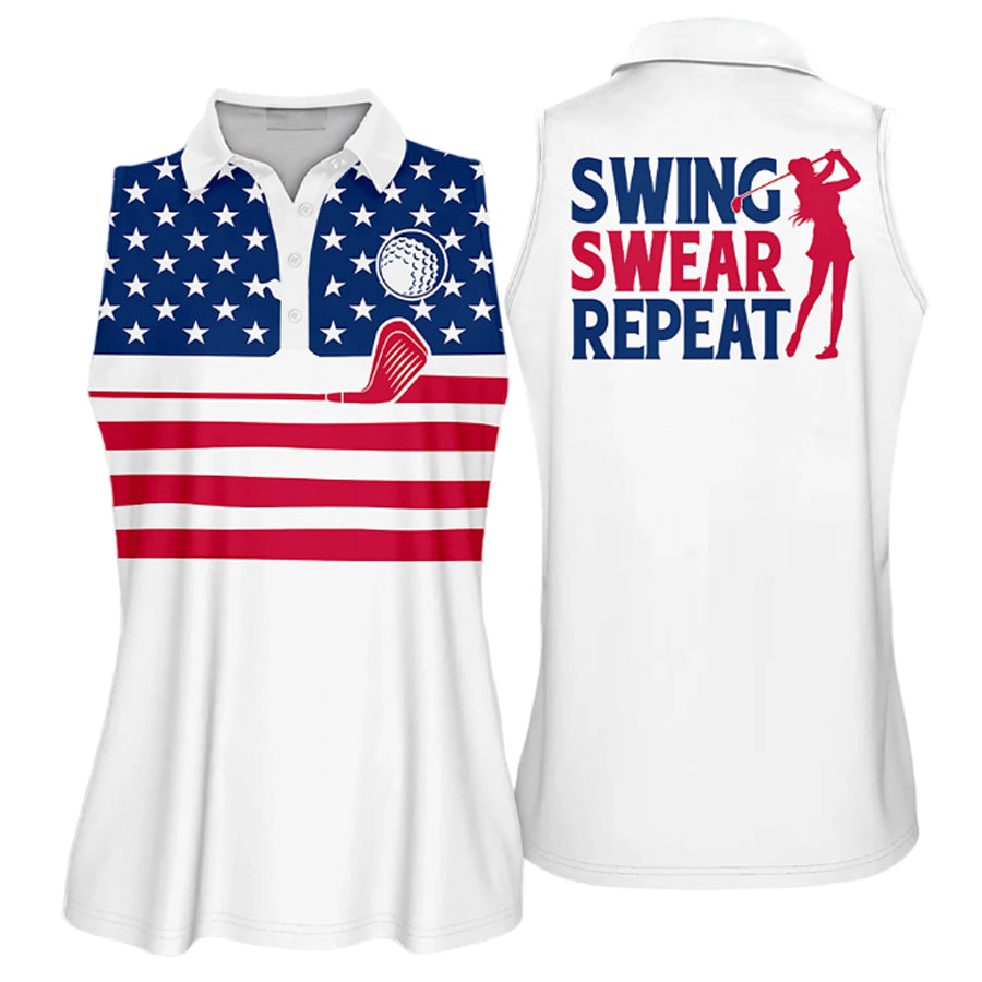 Womens Golf Polo Shirt American Flag Swing Swear Repeat Sleeveless Polo Shirt/ Sleeve Polo Shirt Women Golf