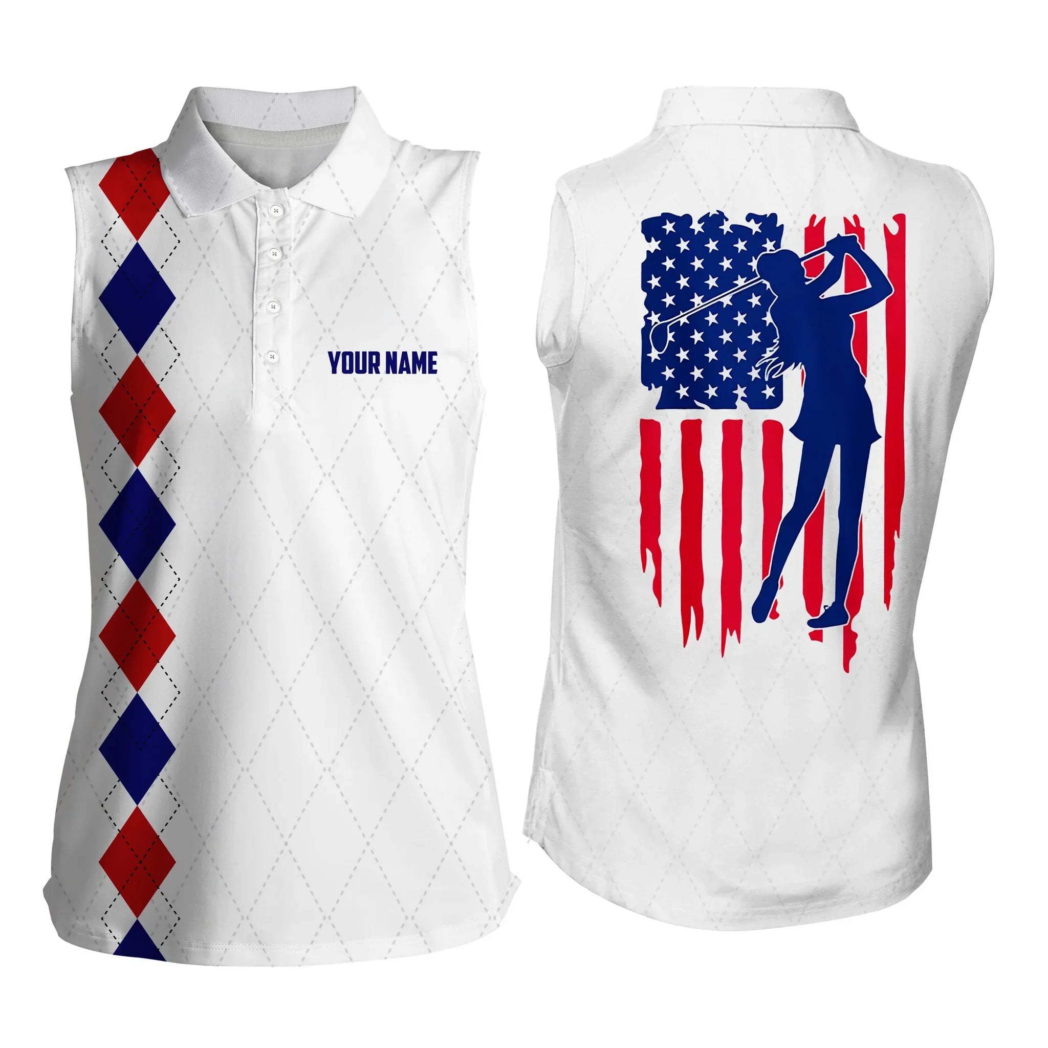 Womens Sleeveless polo shirt American flag patriotic golf shirts custom name golf gifts