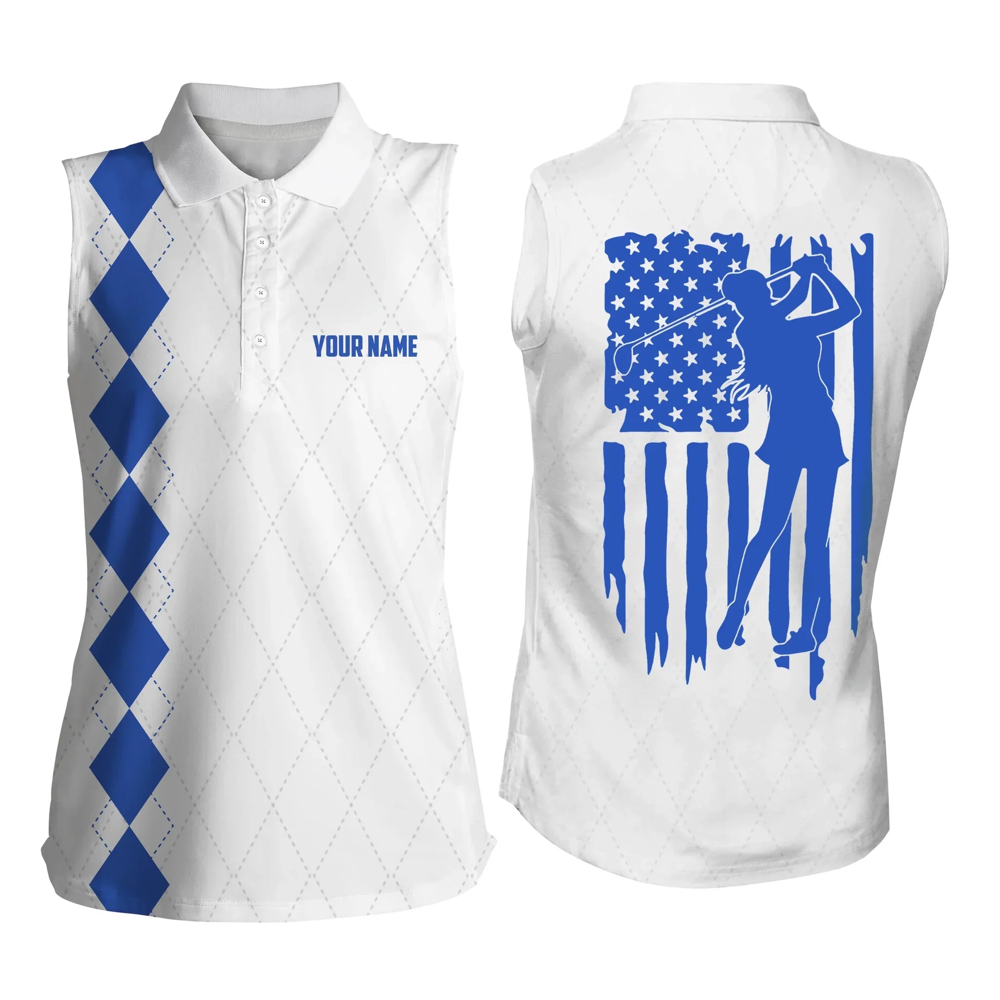 Womens Sleeveless polo shirt/ American flag patriotic golf shirts/ custom name golf gifts