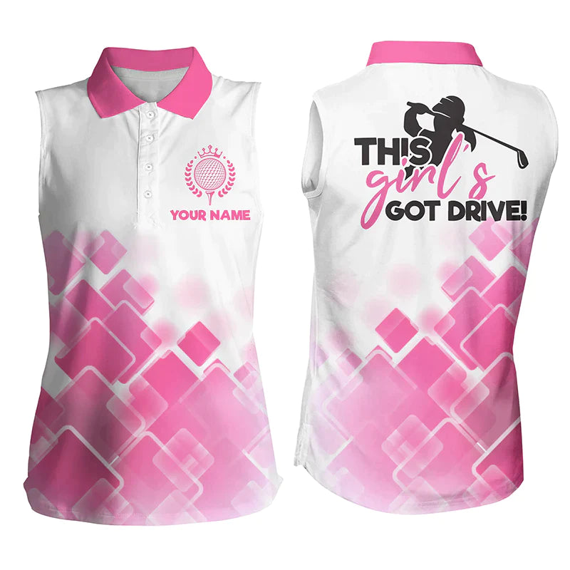 Women sleeveless Golf polo shirt/ this girl''s got drive custom name pink pattern/ golf shirts for women