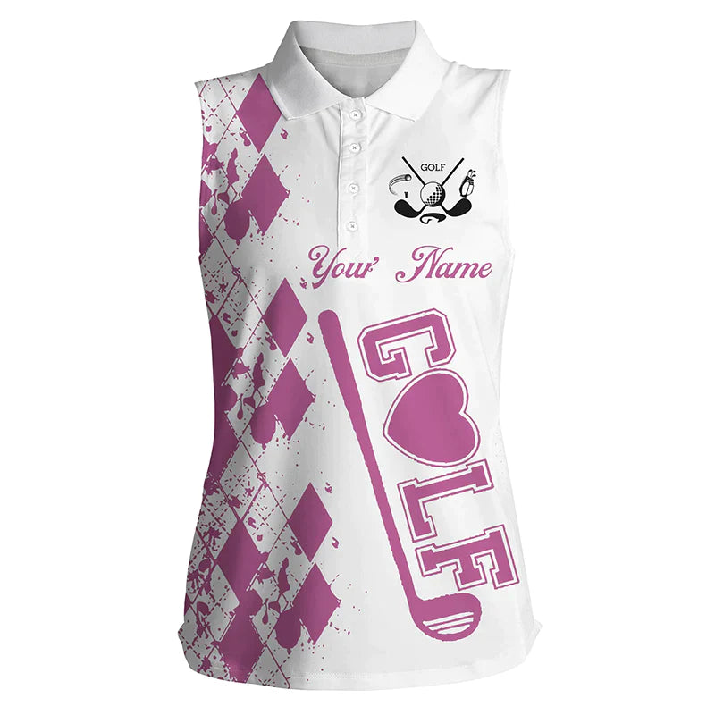 Women''s sleeveless golf polo shirt/ custom name pink golf clubs white golf shirt for women