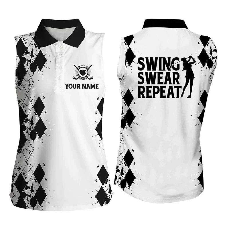 Womens sleeveless polo shirt/ custom name swing swear repeat white golf shirt/ golfing gifts
