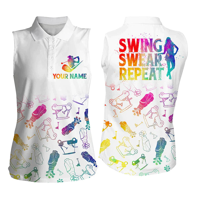 Women sleeveless polo shirt/ custom watercolor golf icons swing swear repeat/ gifts for golf lovers