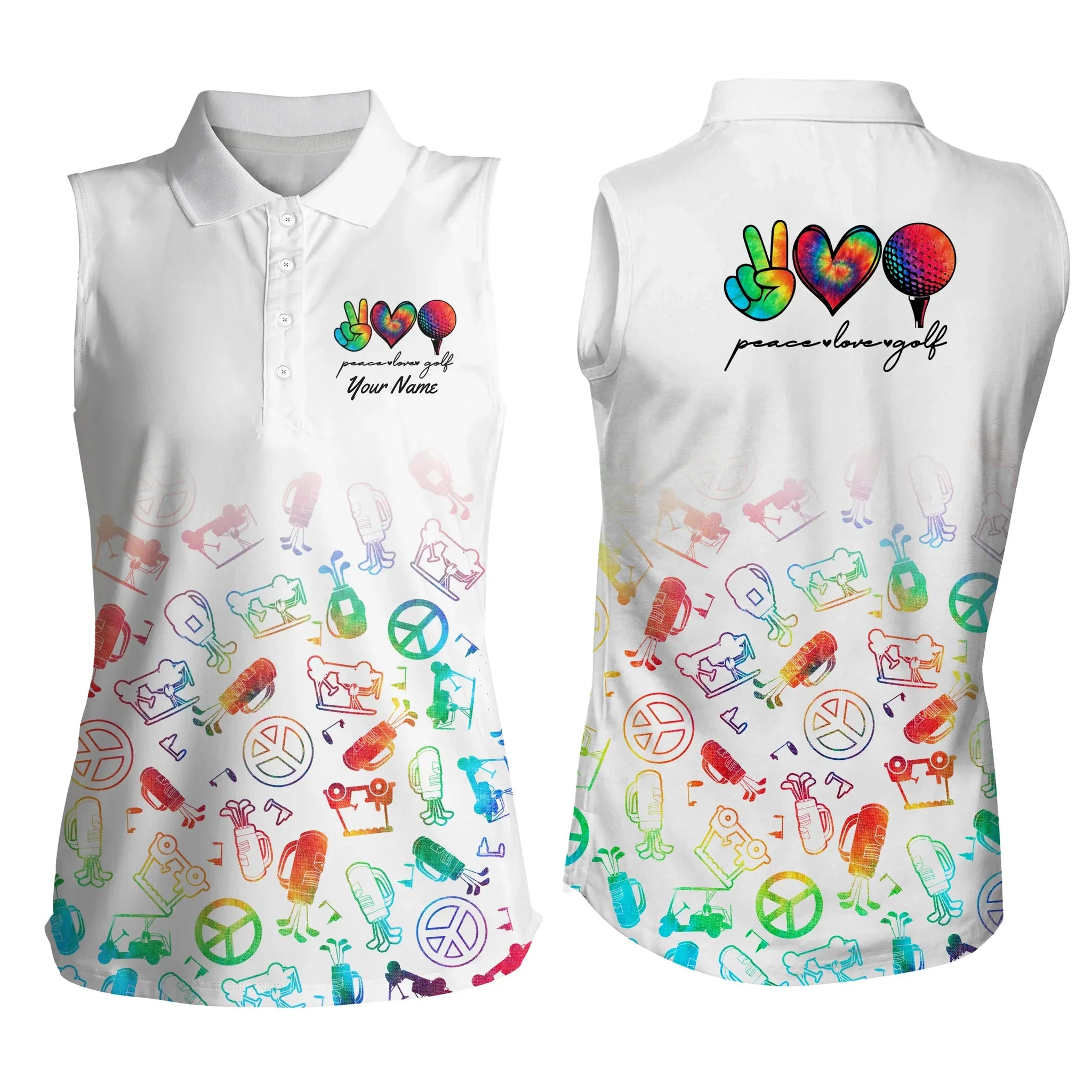 custom watercolor peace love golf Women''s sleeveless polo shirts/ personalized golf shirt for women