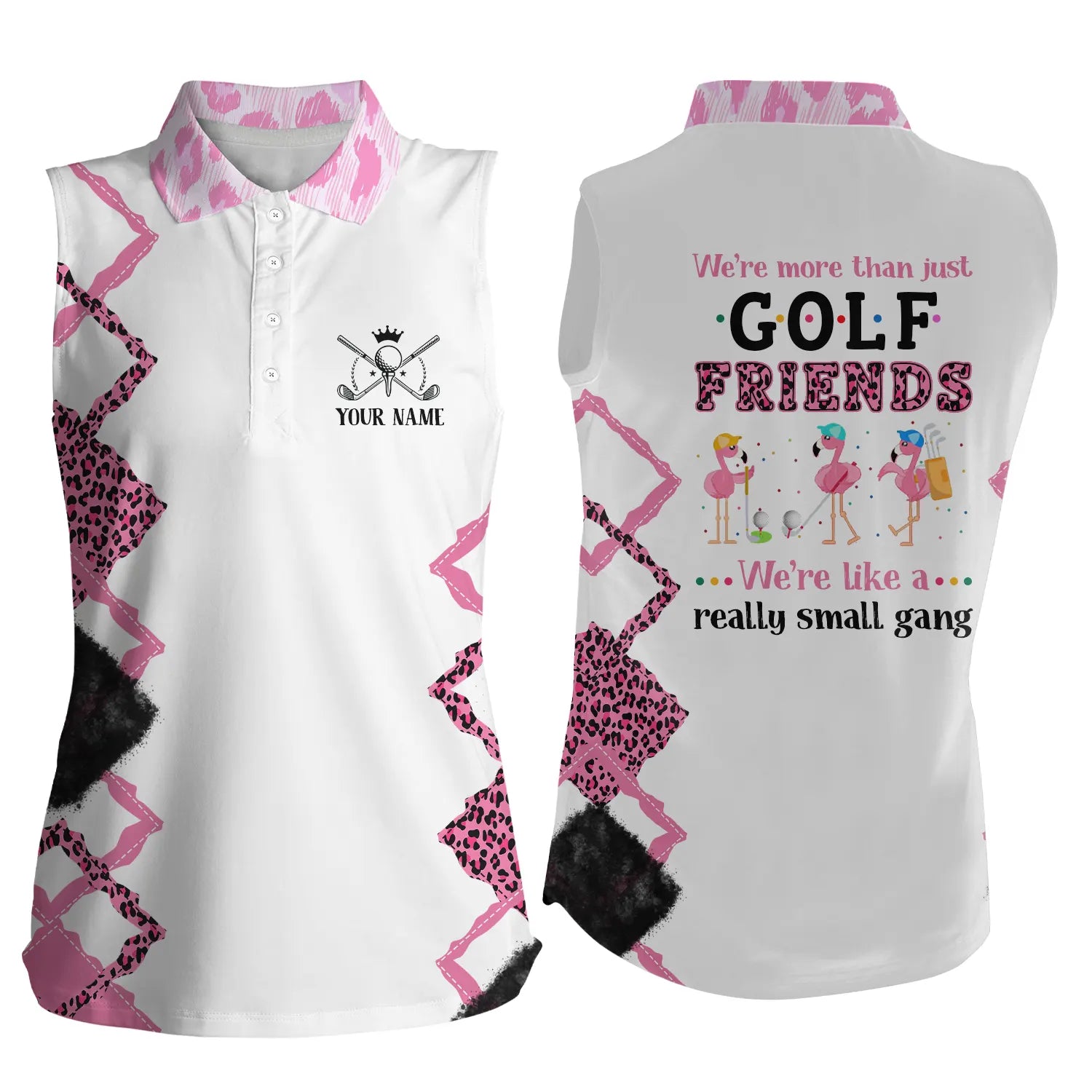 Womens sleeveless polo shirts/ we''re more than golf friends flamingo custom pink leopard golf
