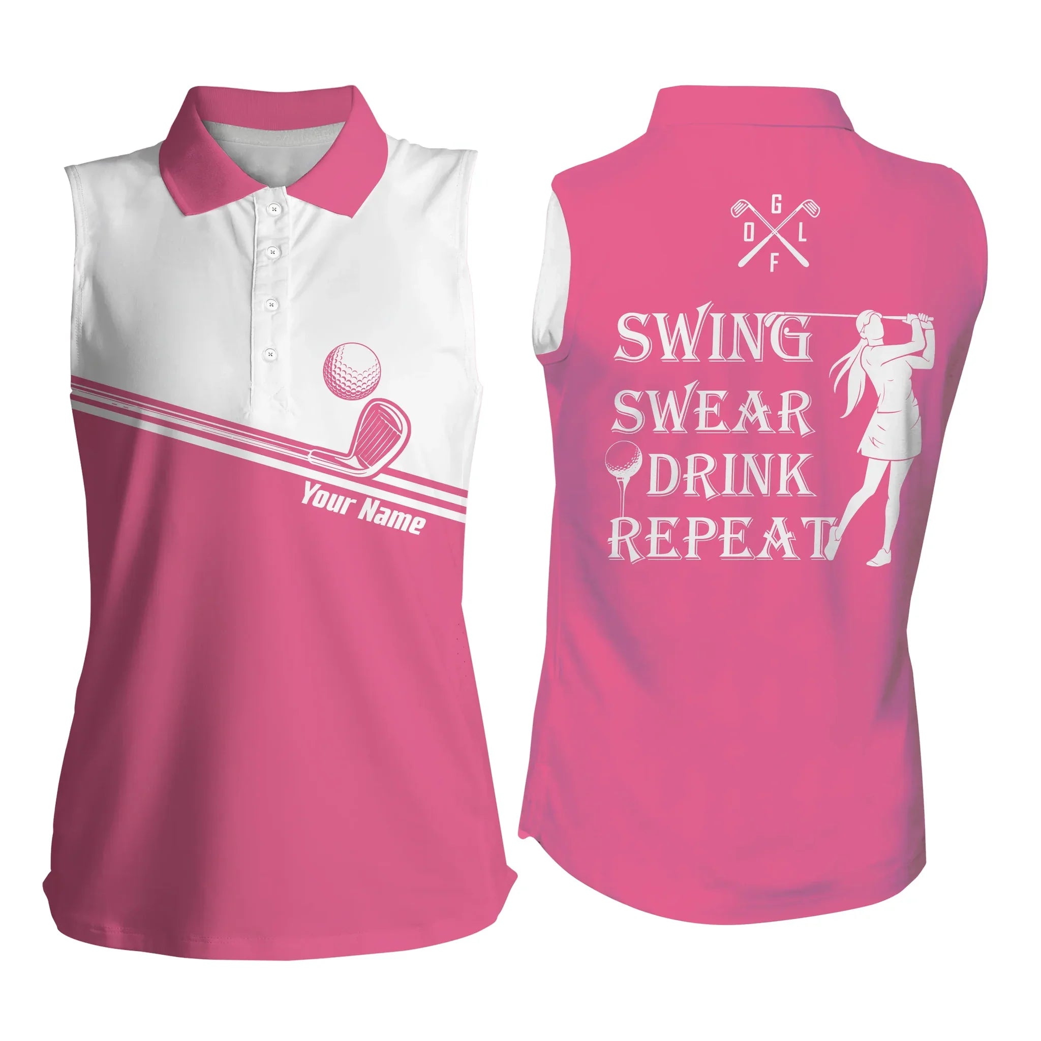 Womens sleeveless polo shirt/ swing swear drink repeat custom name pink white ladies golf tops