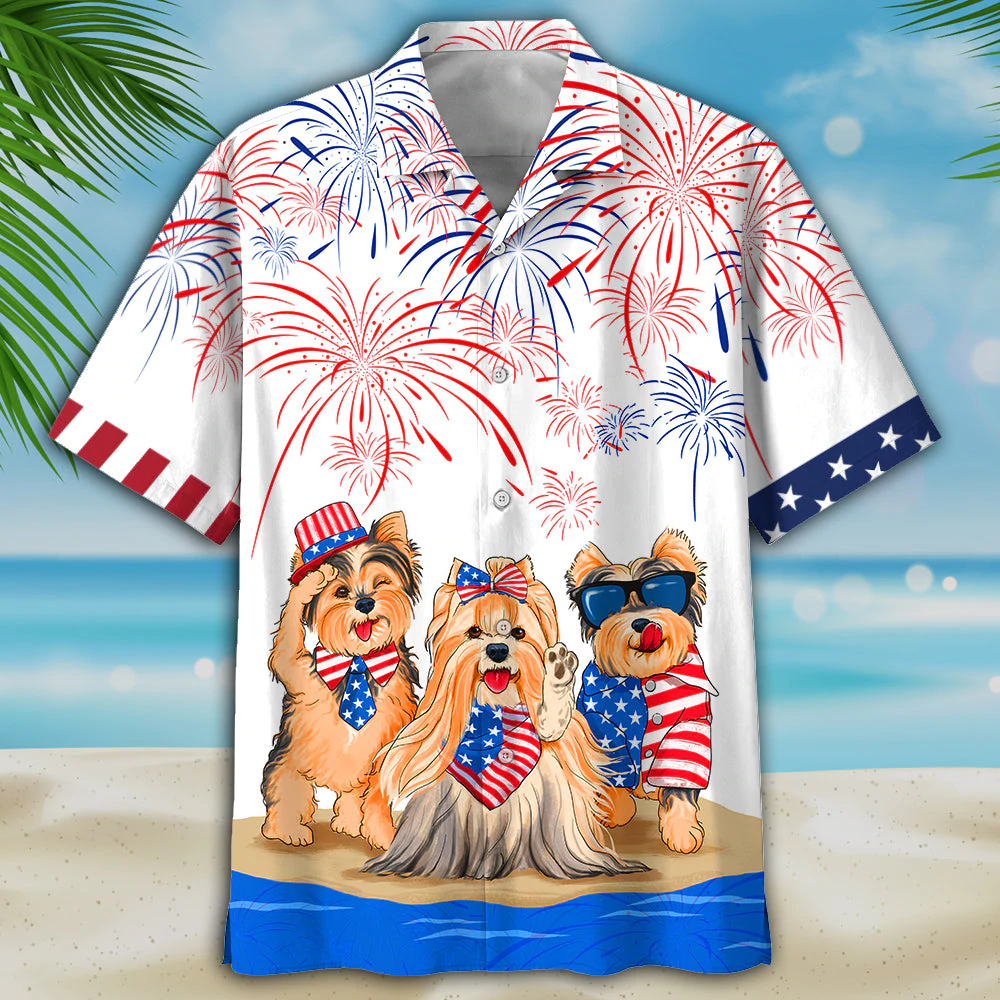 Yorkshire Terrier Independence In Comping/ Men''s USA Patriotic Hawaiian Shirt
