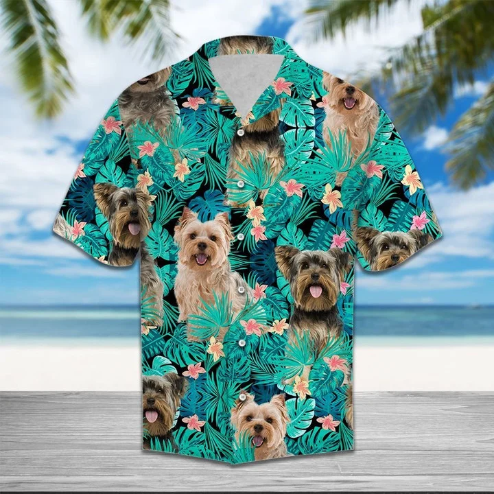 Yorkshire Terrier With Plumeria Flowers And Leaves Hawaiian Shirt