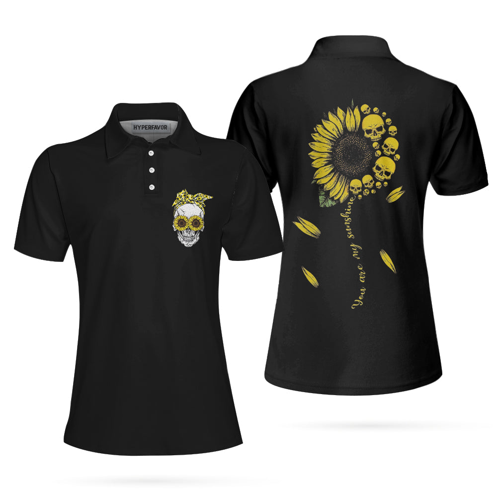 You Are My Sunshine Skull Sunflower Short Sleeve Women Polo Shirt/ Black Skull Polo Shirt For Ladies Coolspod