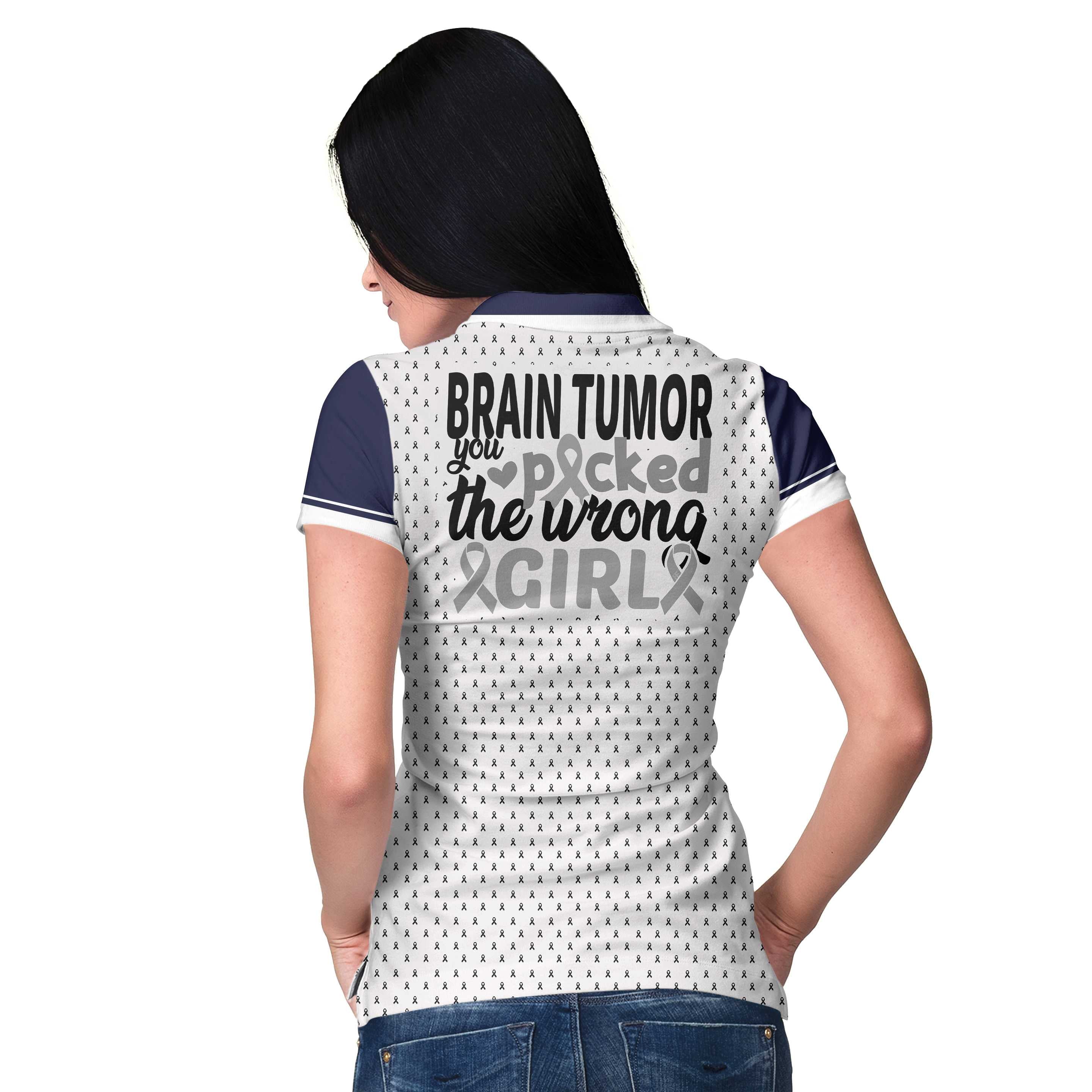 You Picked The Wrong Girl Brain Tumor Awareness Short Sleeve Women Polo Shirt/ Brain Tumor Shirt For Women/ Cool Brain Tumor Support Gift Coolspod