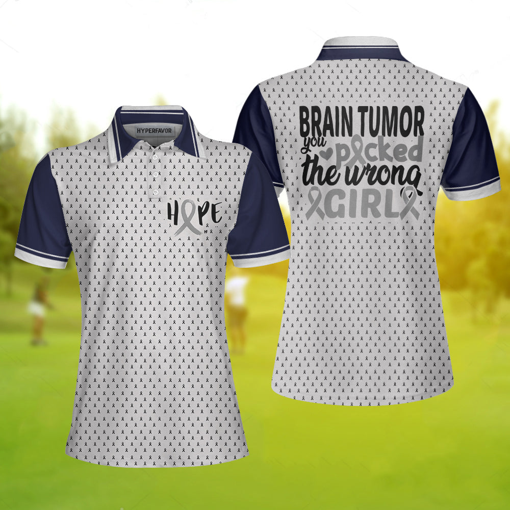 You Picked The Wrong Girl Brain Tumor Awareness Short Sleeve Women Polo Shirt/ Brain Tumor Shirt For Women/ Cool Brain Tumor Support Gift Coolspod
