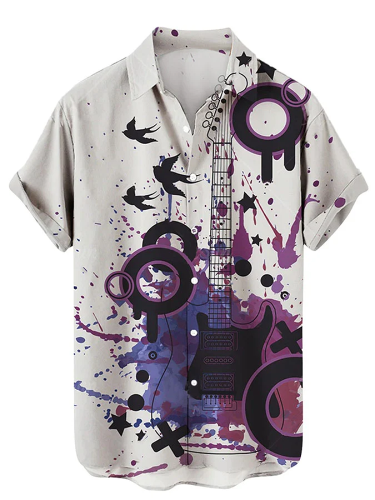 Men''s Woven Printed Cardigan Casual Lapel Short-sleeved Hawaiian Shirt/ music lover hawaiian shirt/ Summer Gift For Women/ Men