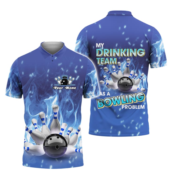 Customized Bowling Strike On Blue Fire 3D Polo Shirt/ Best Shirt For Team Bowling/ Bowling Uniform Lover