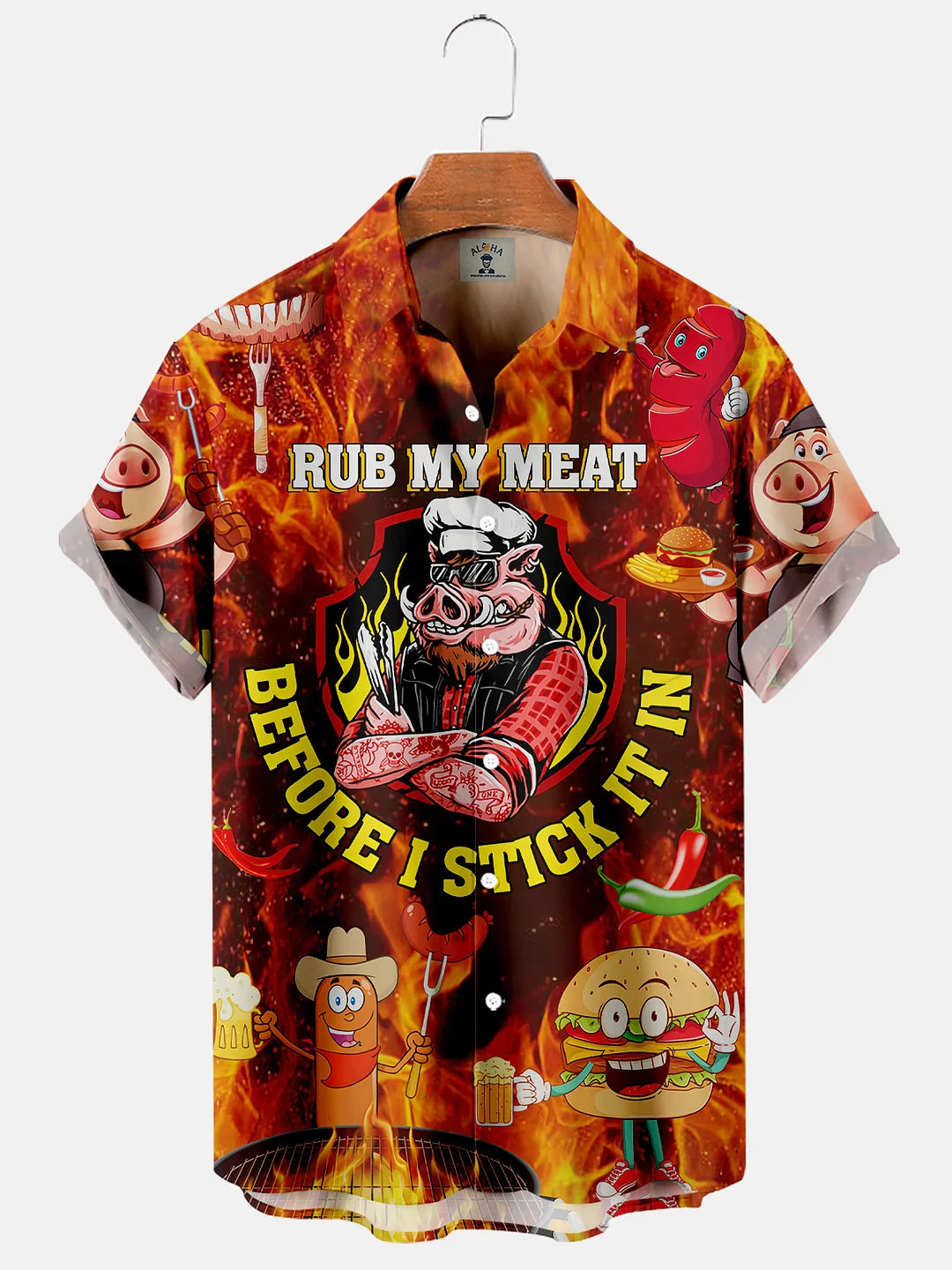 Men''S Hawaiian Rub My Meat Before I Stick It In Fun Flame Print Short Sleeve Shirt