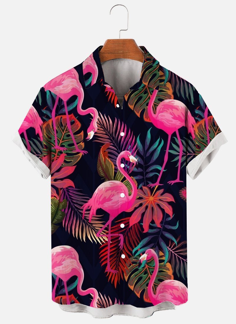 Hawaiian Flamingos Casual Loose Men''s Plus Size Short-Sleeved Shirt