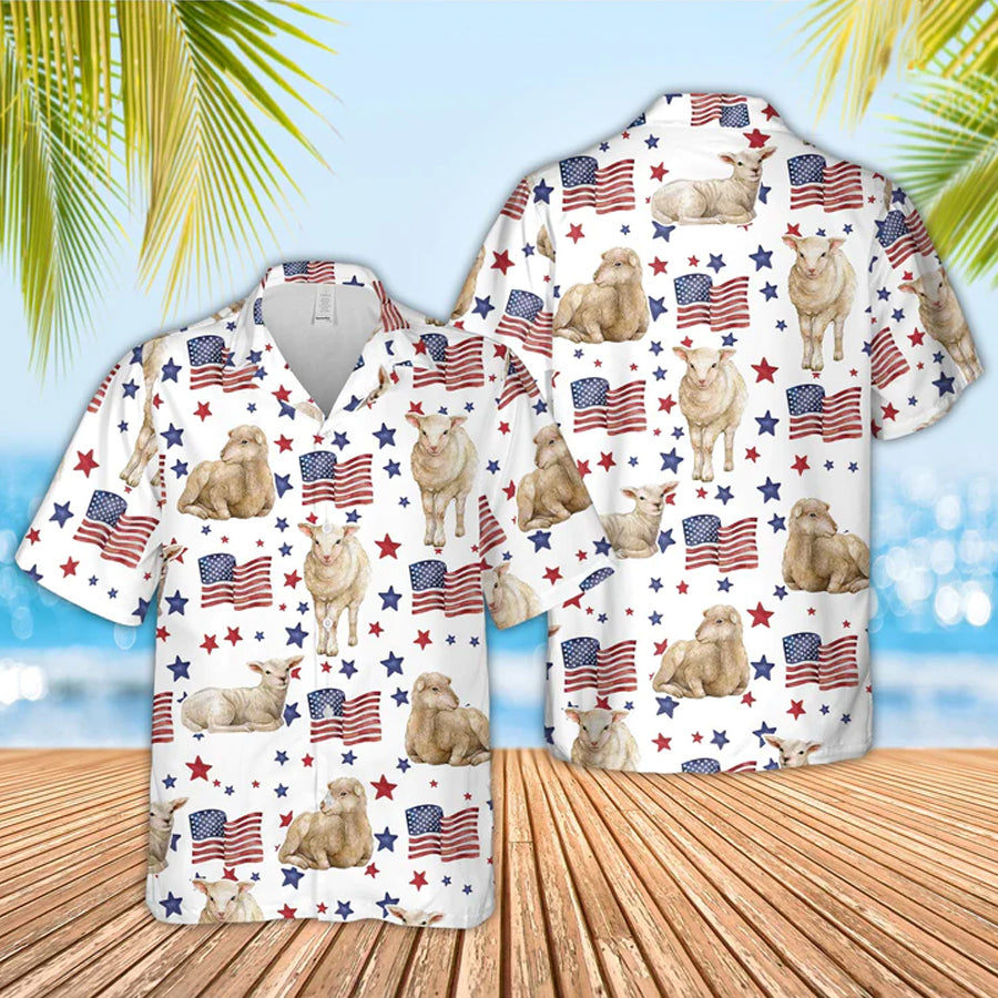 Sheep American Flag Pattern Hawaiian Shirt/ funny Sheep hawaiian shirt/ 4th of july hawaiian shirt