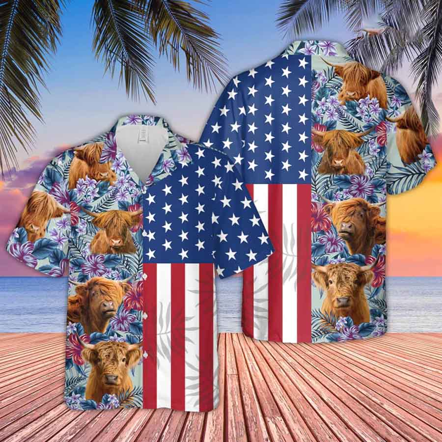 Highland Cattle Flower Pattern Us Flag 3D Hawaiian Shirt for men and women