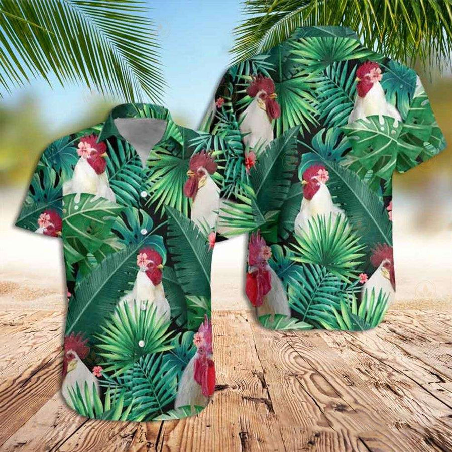 Rooster Hawaiian Shirt/ Tropical White Rooster Hawaiian Shirt for men and women custom style
