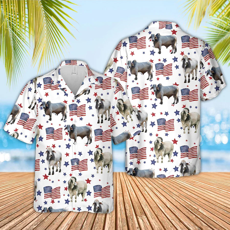 Brahman American Flag Pattern Hawaiian Shirt/ funny cow hawaiian shirt/ 4th of july hawaiian shirt