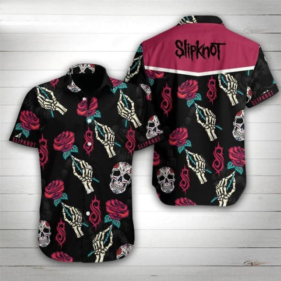Slipknot Band Rose Skull Hawaiian Shirt - Mens Hawaiian Shirt - Best Hawaiian Shirts - Skull Gifts For Him