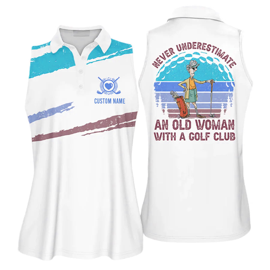 Personalized Never Underestimate An Old Woman With A Gold Club Vintage Multicolor Sleeveless Polo Shirt for woman