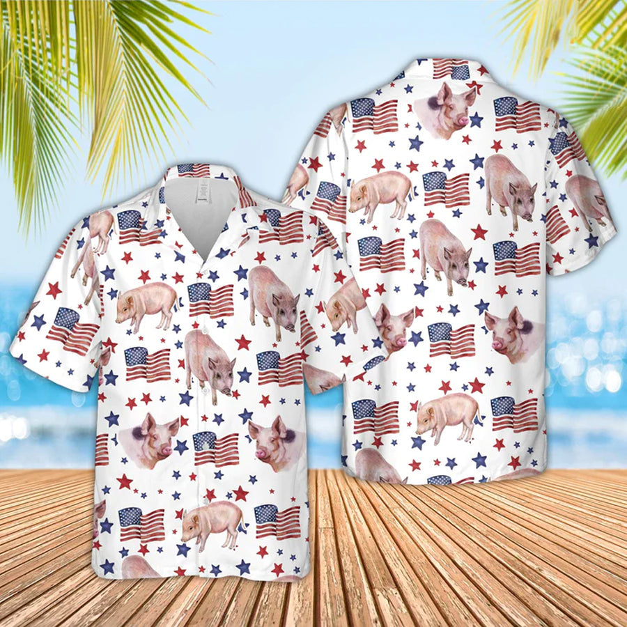 Pig American Flag Pattern Hawaiian Shirt/ funny pig hawaiian shirt/ 4th of july hawaiian shirt